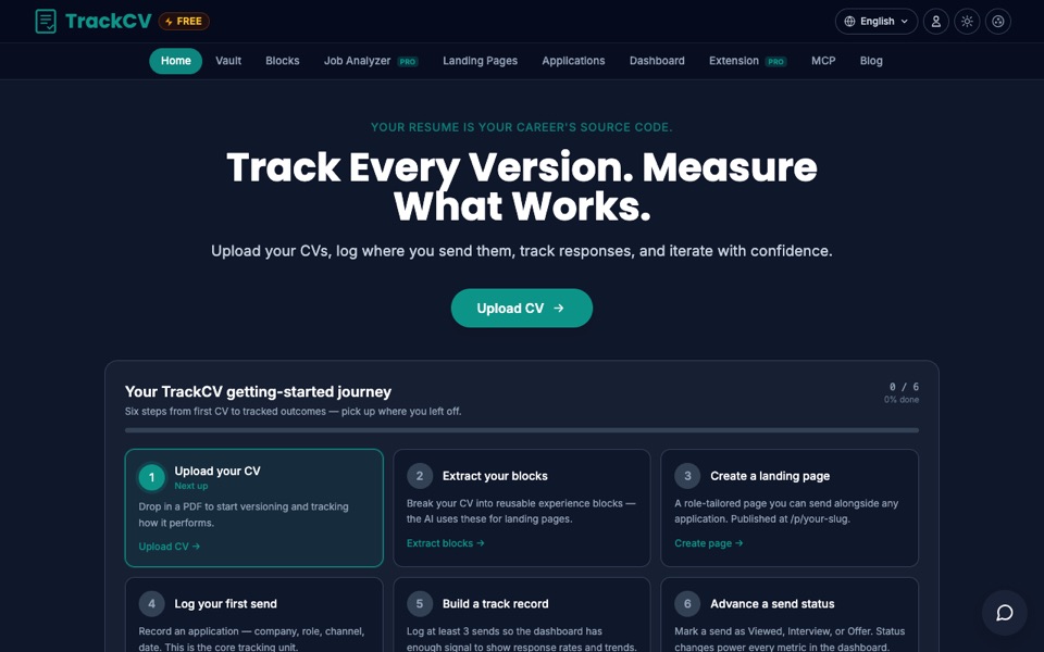 TrackCV — screenshot of the live product